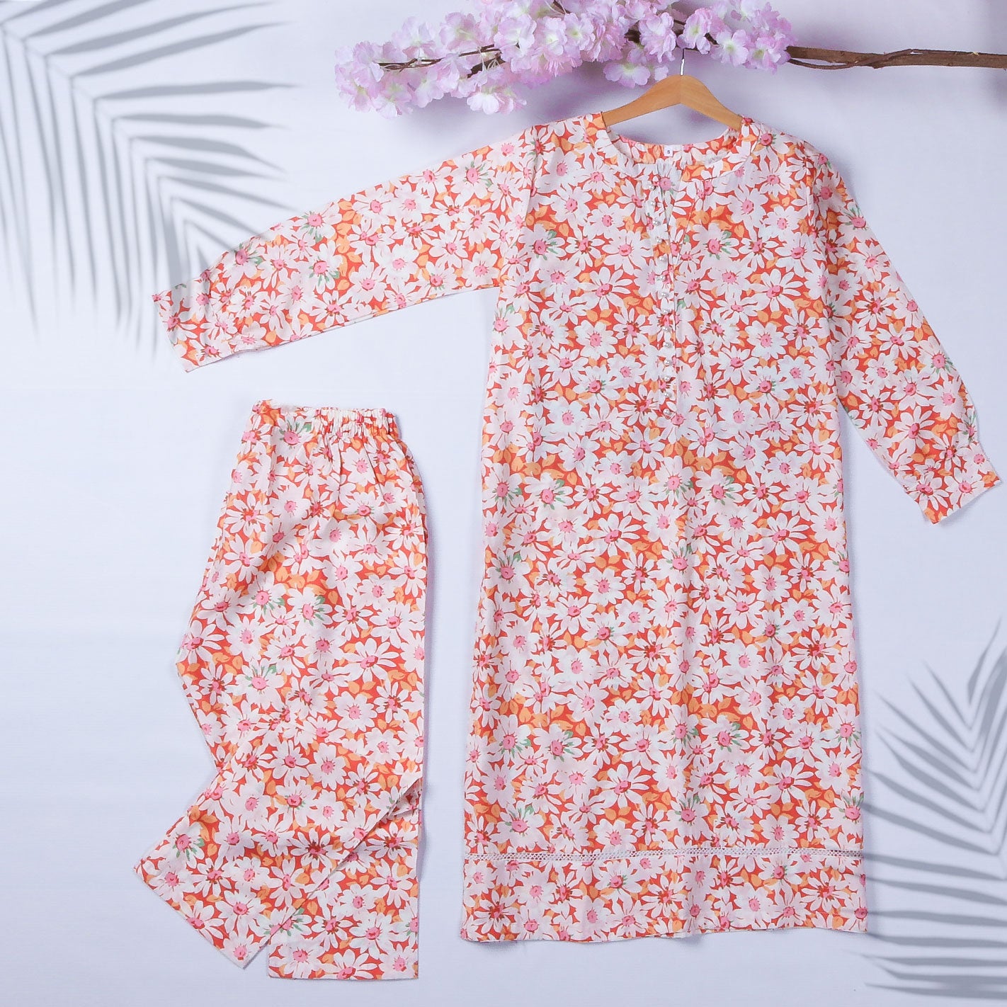 Women's 2Pcs Printed Suit Color White-Pink