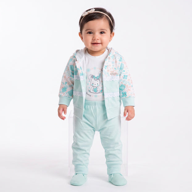 Infant Girls 3 Pcs Suit – Cozy Green, Peach & Pink Baby Outfit Set (3-6 Months)