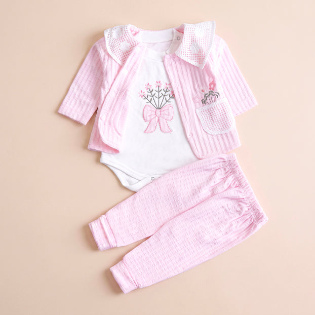 Infant Girls 3 Pcs Suit – Peach, Pink & Yellow Winter Set (3-6 Months)