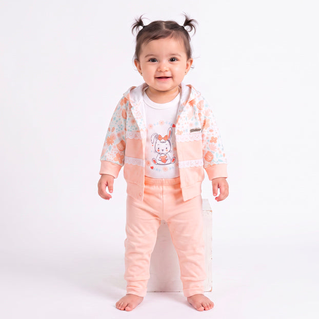 Infant Girls 3 Pcs Suit – Cozy Green, Peach & Pink Baby Outfit Set (3-6 Months)