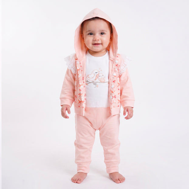 Infant Girls 3 Pcs Suit – Peach, Green & Pink Baby Winter Set (3-6 Months)
