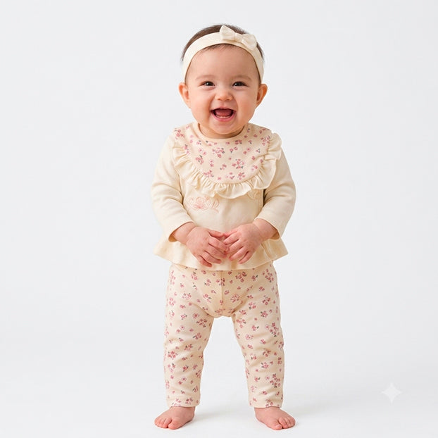 Infant Girls 3 Pcs Suit – Peach, Green & Yellow Winter Outfit Set (3-6 Months)