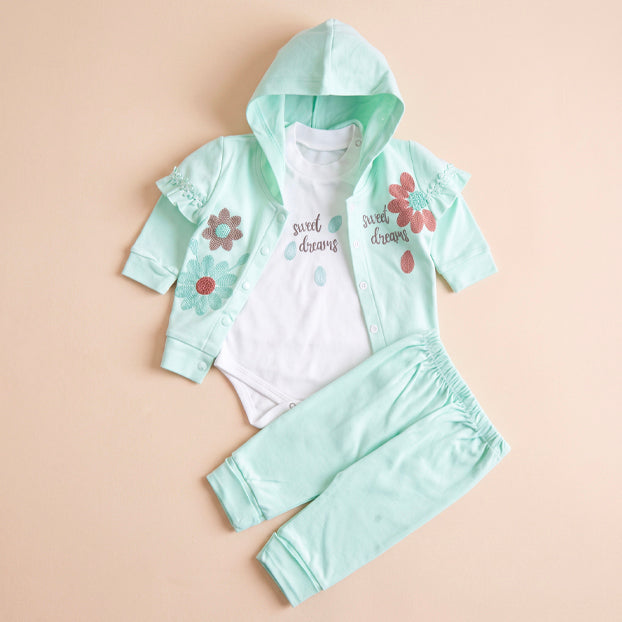 Infant Girls 3 Pcs Suit – Soft Green, Peach & Pink Baby Set (3-6 Months)