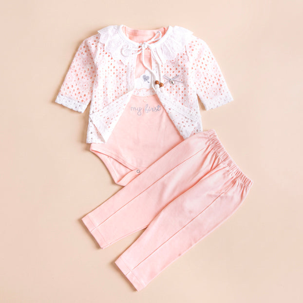 Infant Girls 3 Pcs Suit – Trendy Green, Peach & Pink Outfit Set (3-6 Months)