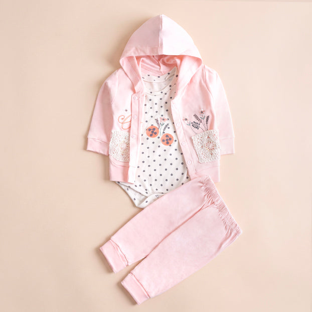 Infant Girls 3 Pcs Suit – Soft Green, Peach & Pink Baby Set (3-6 Months)