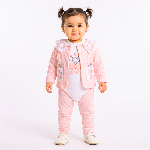 Infant Girls 3 Pcs Suit – Peach, Pink & Yellow Winter Set (3-6 Months)