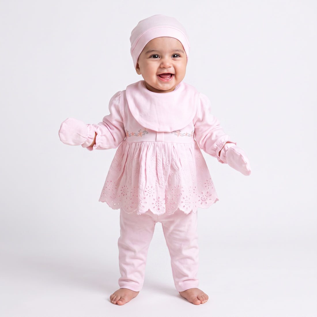 Infant Girls 3 Pcs Suit – Peach, Green, Pink & Yellow Set (3-6 Months)