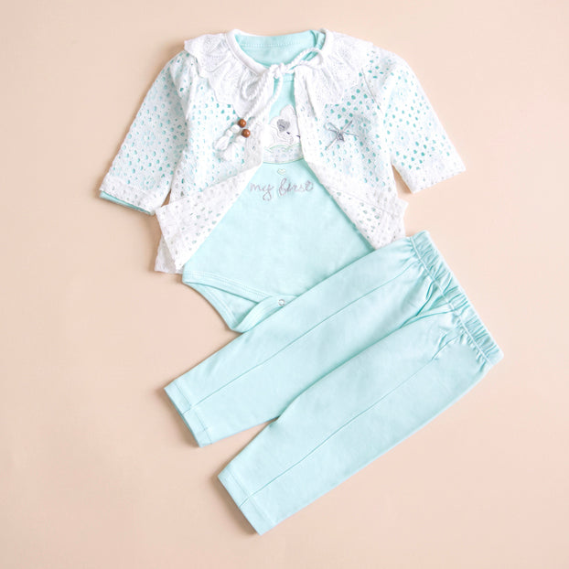 Infant Girls 3 Pcs Suit – Trendy Green, Peach & Pink Outfit Set (3-6 Months)