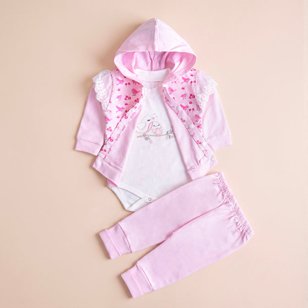 Infant Girls 3 Pcs Suit – Peach, Green & Pink Baby Winter Set (3-6 Months)