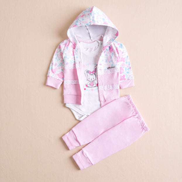 Infant Girls 3 Pcs Suit – Cozy Green, Peach & Pink Baby Outfit Set (3-6 Months)