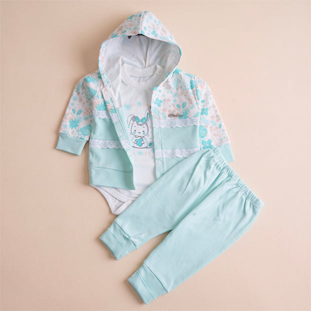 Infant Girls 3 Pcs Suit – Cozy Green, Peach & Pink Baby Outfit Set (3-6 Months)