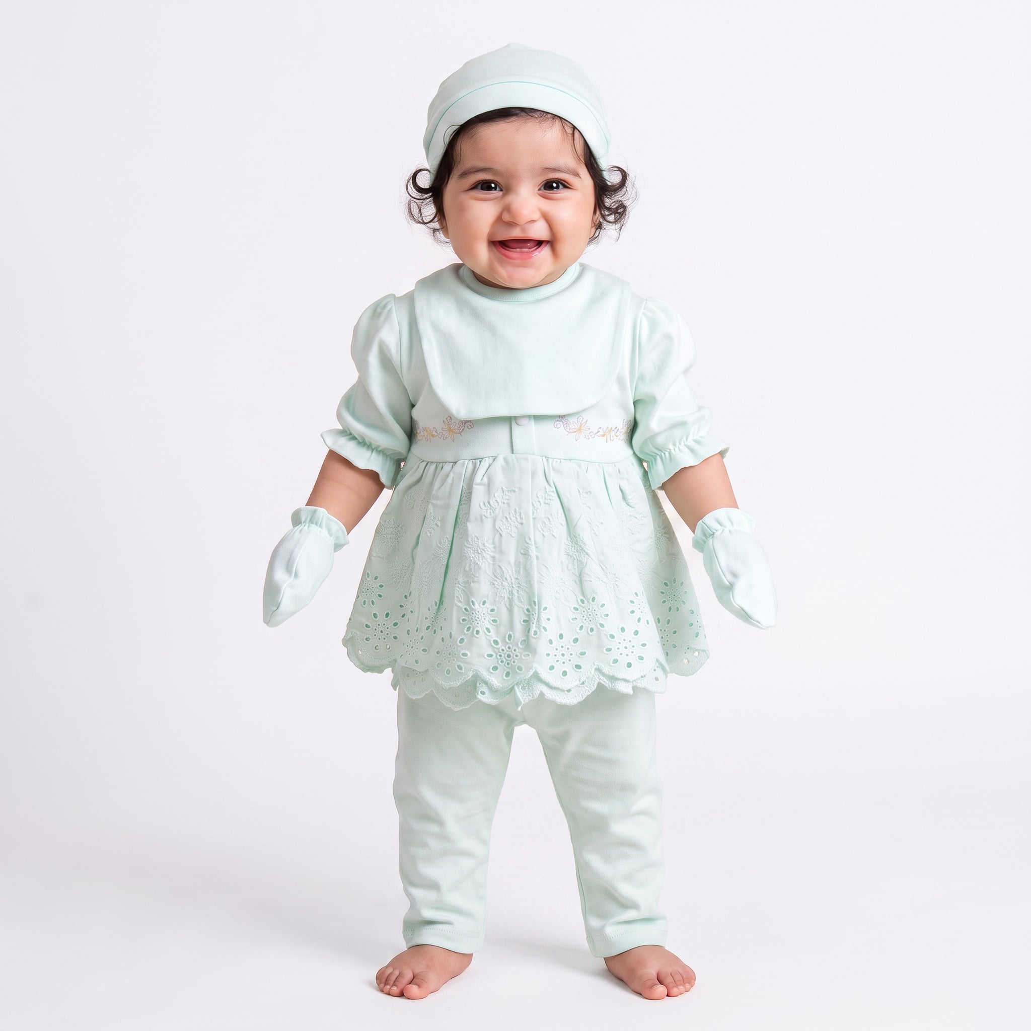Infant Girls 3 Pcs Suit – Peach, Green, Pink & Yellow Set (3-6 Months)