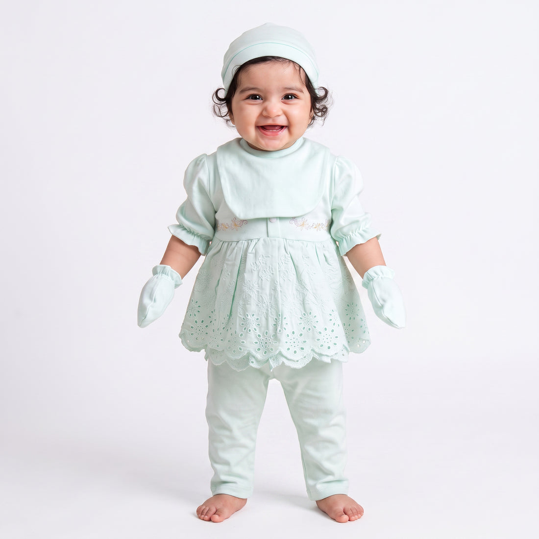 Infant Girls 3 Pcs Suit – Peach, Green, Pink & Yellow Set (3-6 Months)