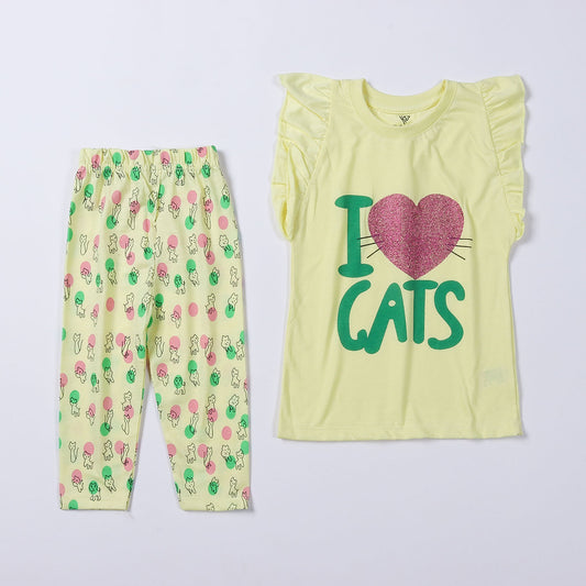 Girls Half Sleeves 2 Piece Suit (I Love Cats)