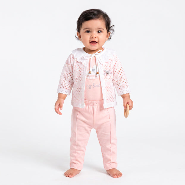 Infant Girls 3 Pcs Suit – Trendy Green, Peach & Pink Outfit Set (3-6 Months)