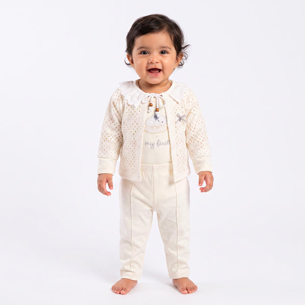 Infant Girls 3 Pcs Suit – Trendy Green, Peach & Pink Outfit Set (3-6 Months)