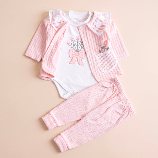 Infant Girls 3 Pcs Suit – Peach, Pink & Yellow Winter Set (3-6 Months)