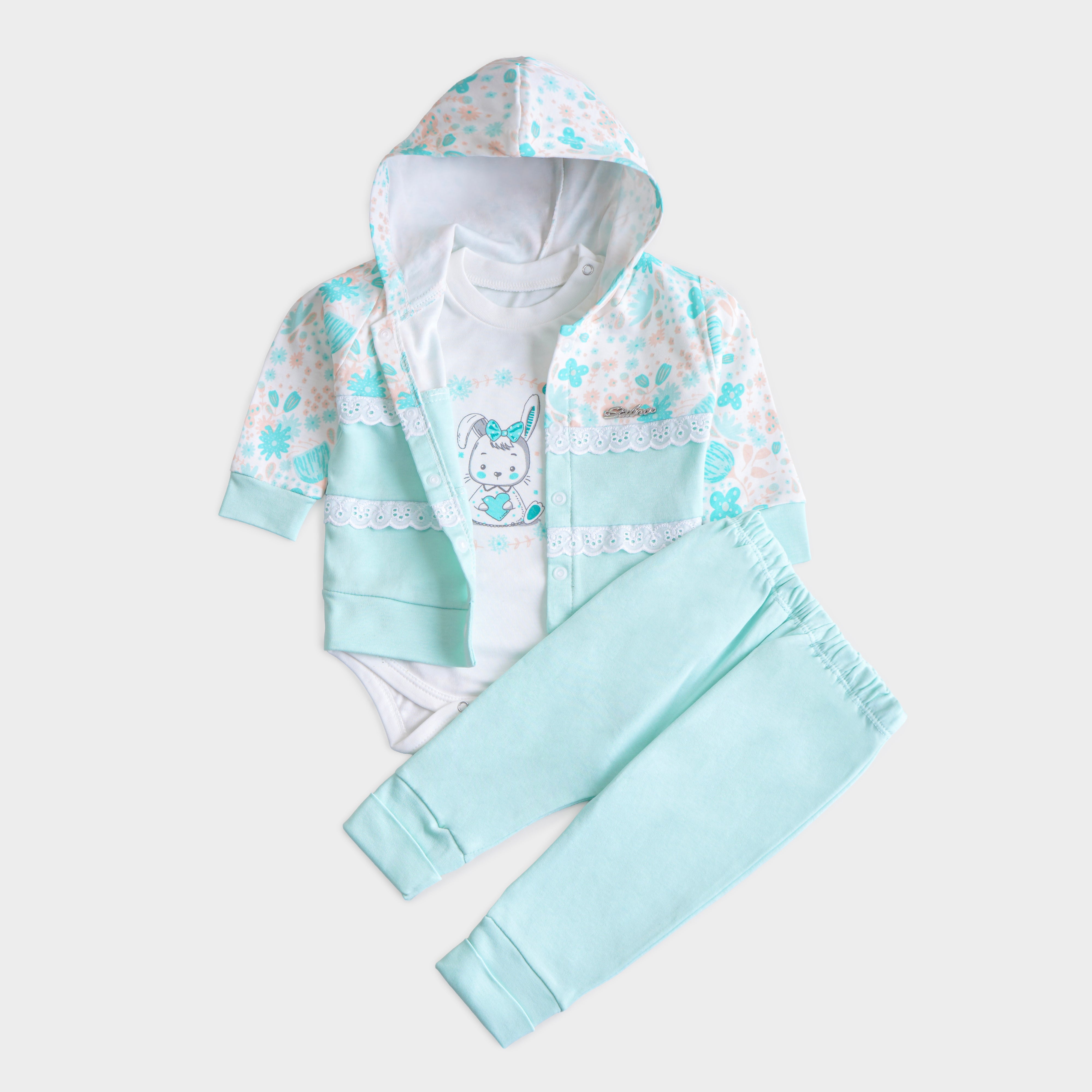 Infant Girls 3 Pcs Suit – Cozy Green, Peach & Pink Baby Outfit Set (3-6 Months)