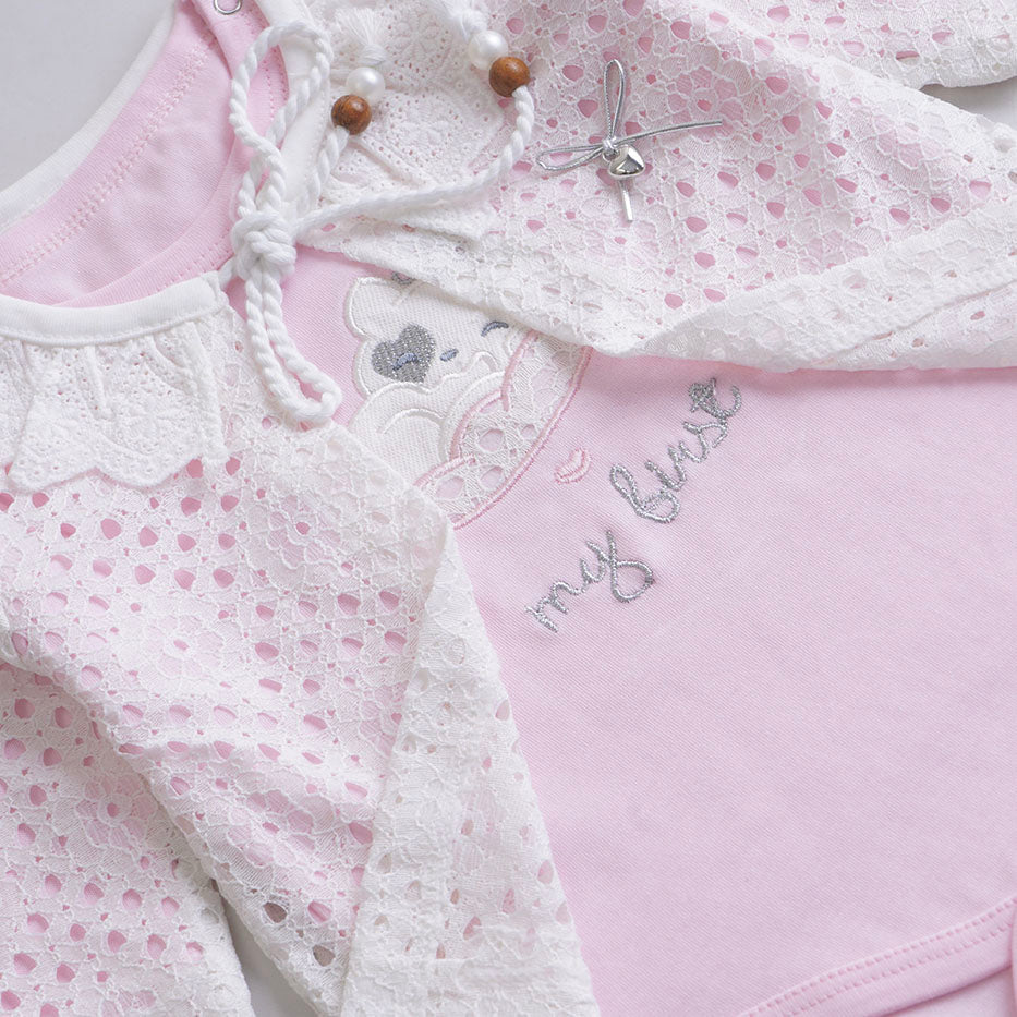 Infant Girls 3 Pcs Suit – Trendy Green, Peach & Pink Outfit Set (3-6 Months)