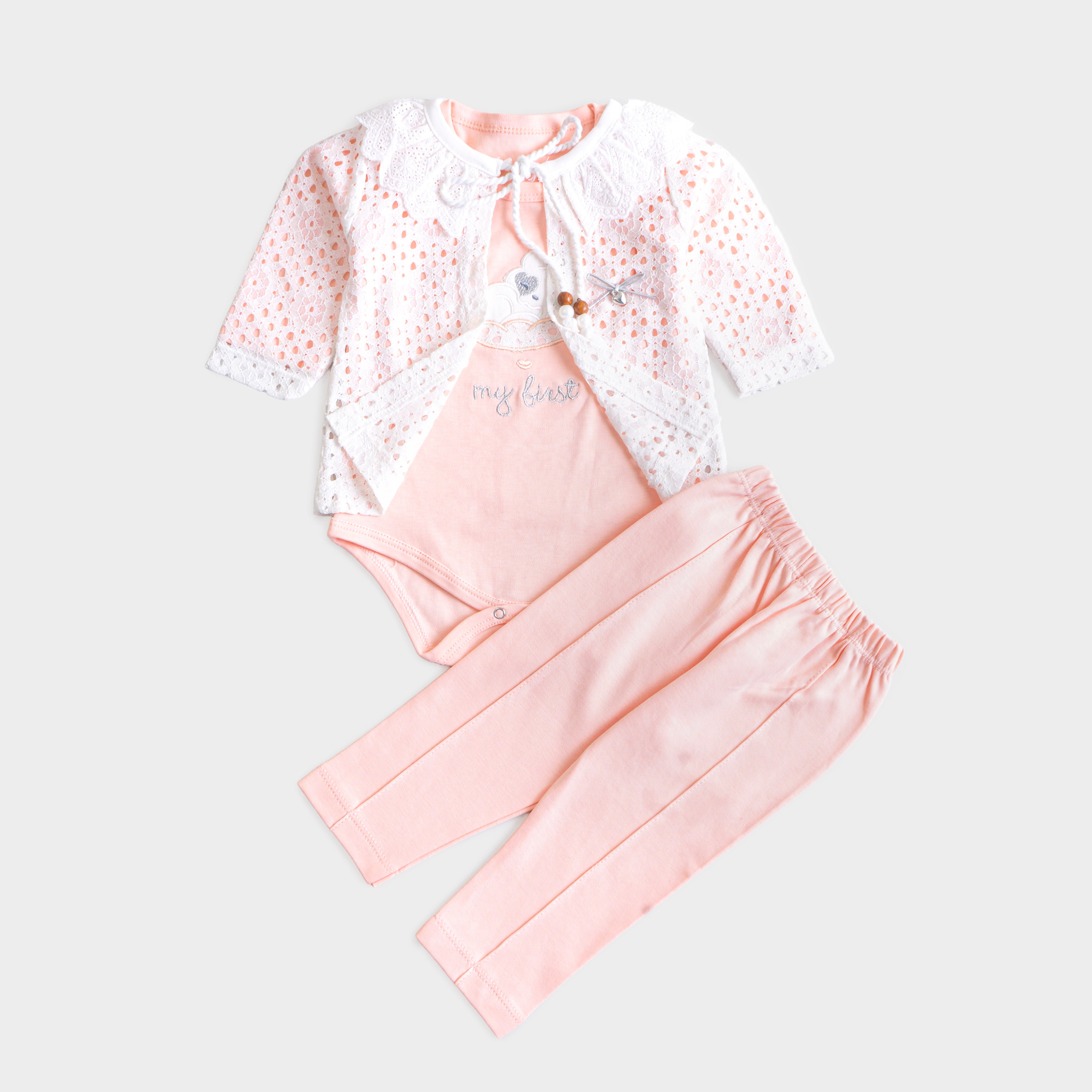 Infant Girls 3 Pcs Suit – Trendy Green, Peach & Pink Outfit Set (3-6 Months)