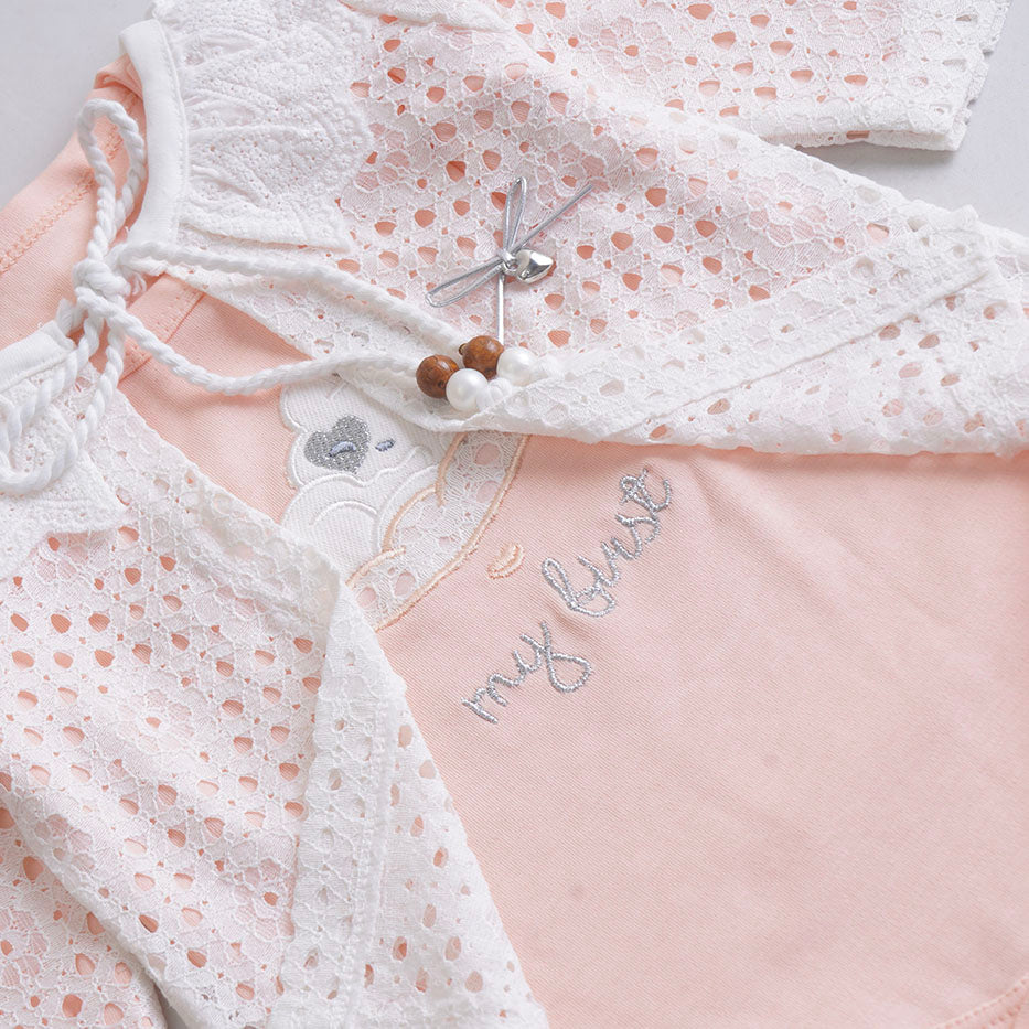 Infant Girls 3 Pcs Suit – Trendy Green, Peach & Pink Outfit Set (3-6 Months)