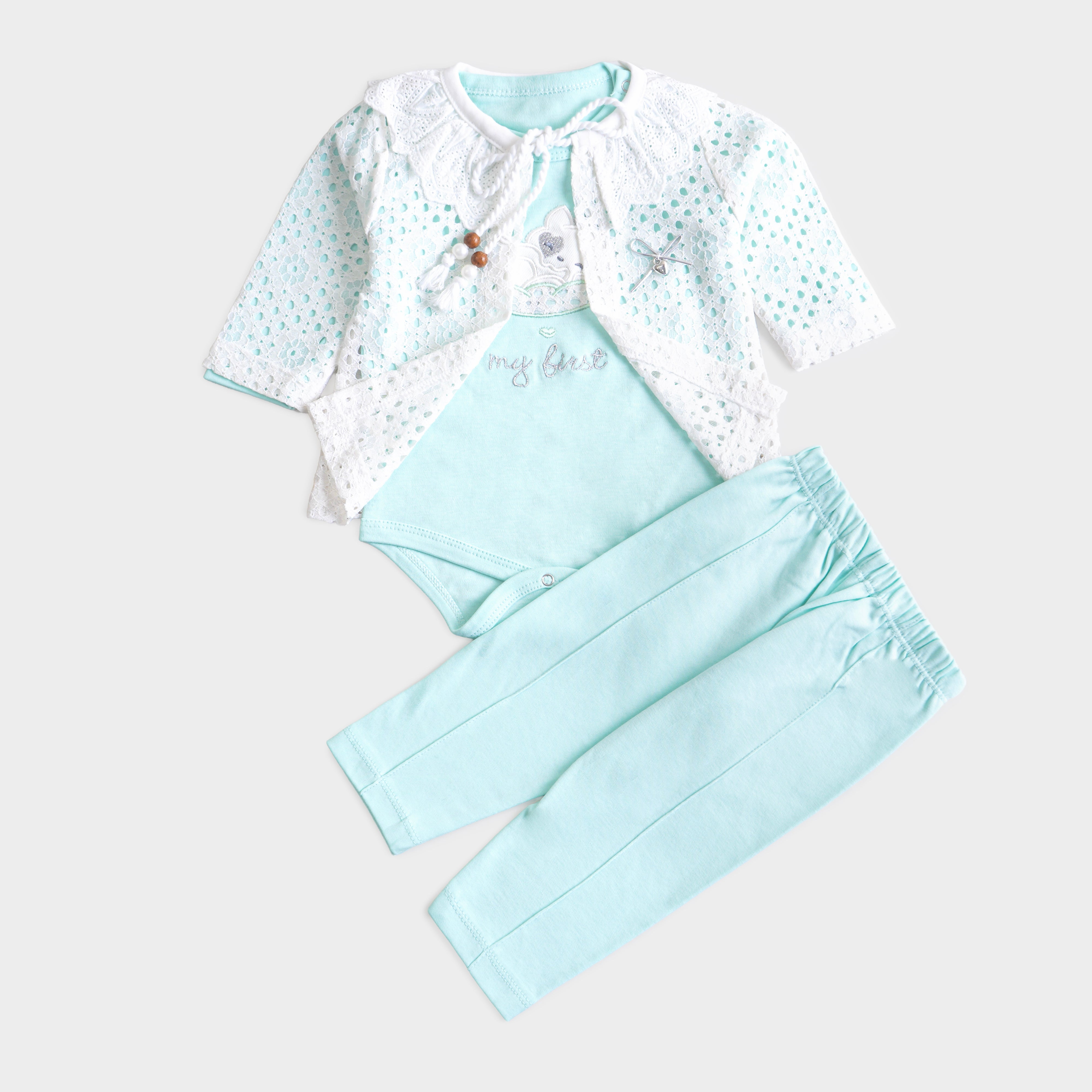 Infant Girls 3 Pcs Suit – Trendy Green, Peach & Pink Outfit Set (3-6 Months)