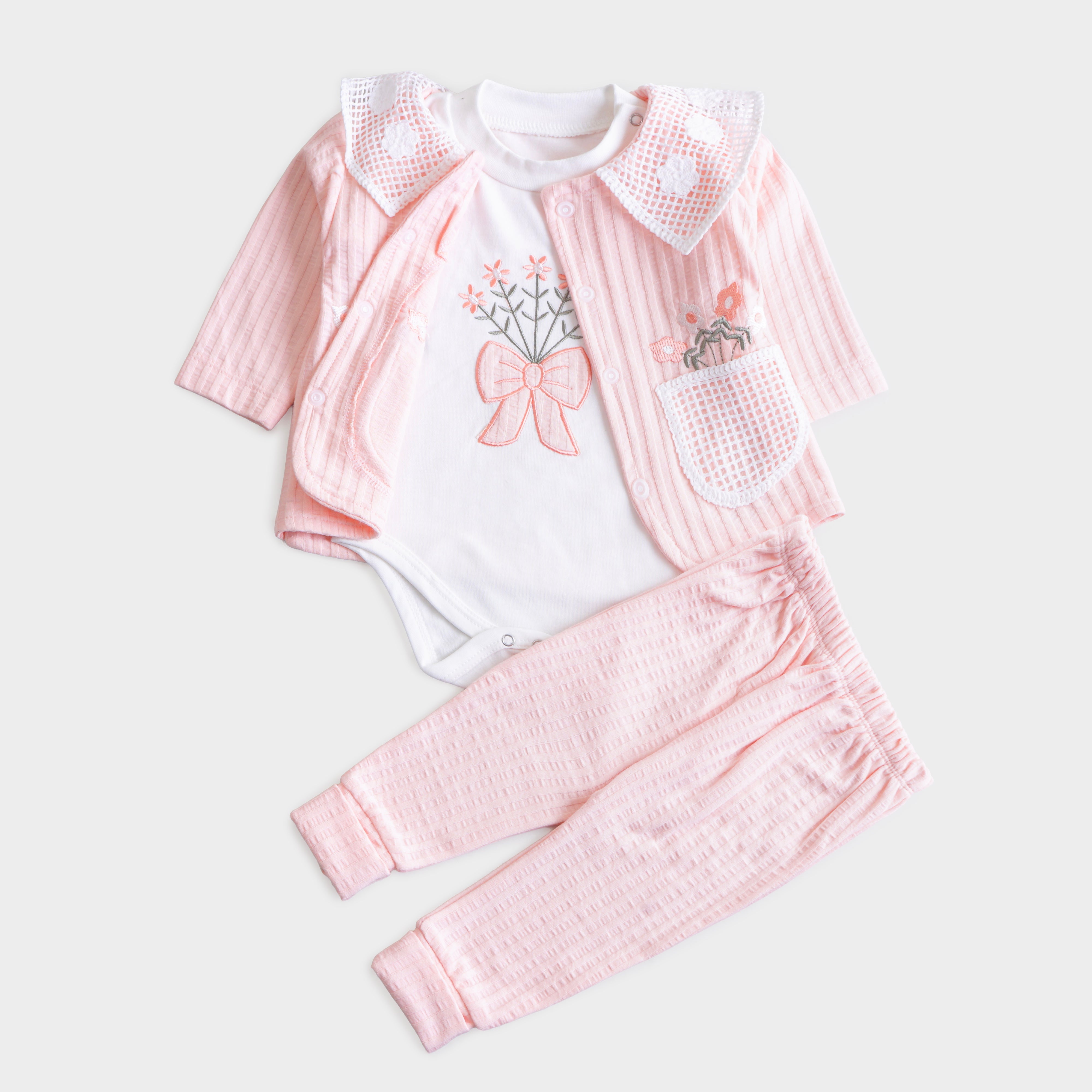 Infant Girls 3 Pcs Suit – Peach, Pink & Yellow Winter Set (3-6 Months)