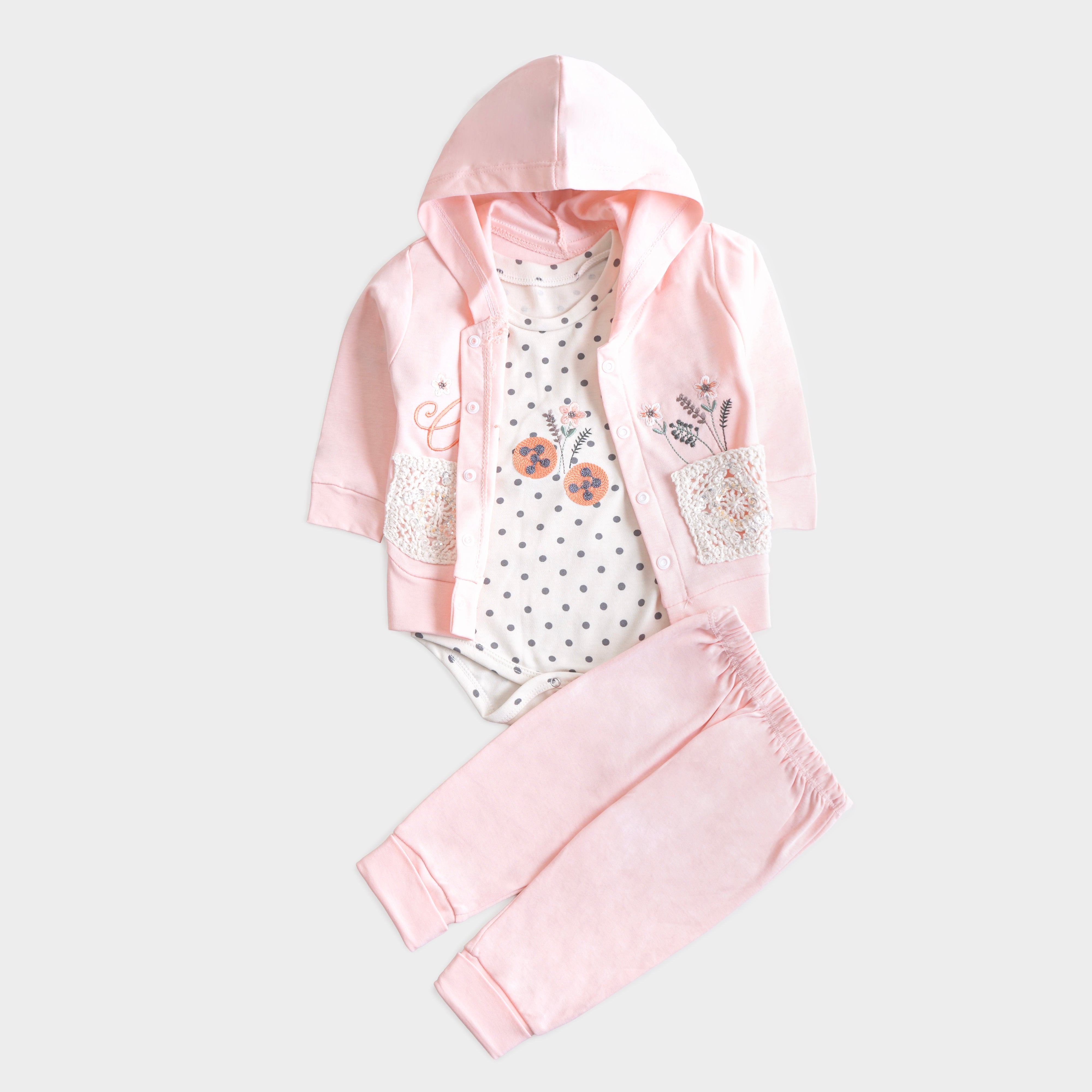 Infant Girls 3 Pcs Suit – Soft Green, Peach & Pink Baby Set (3-6 Months)