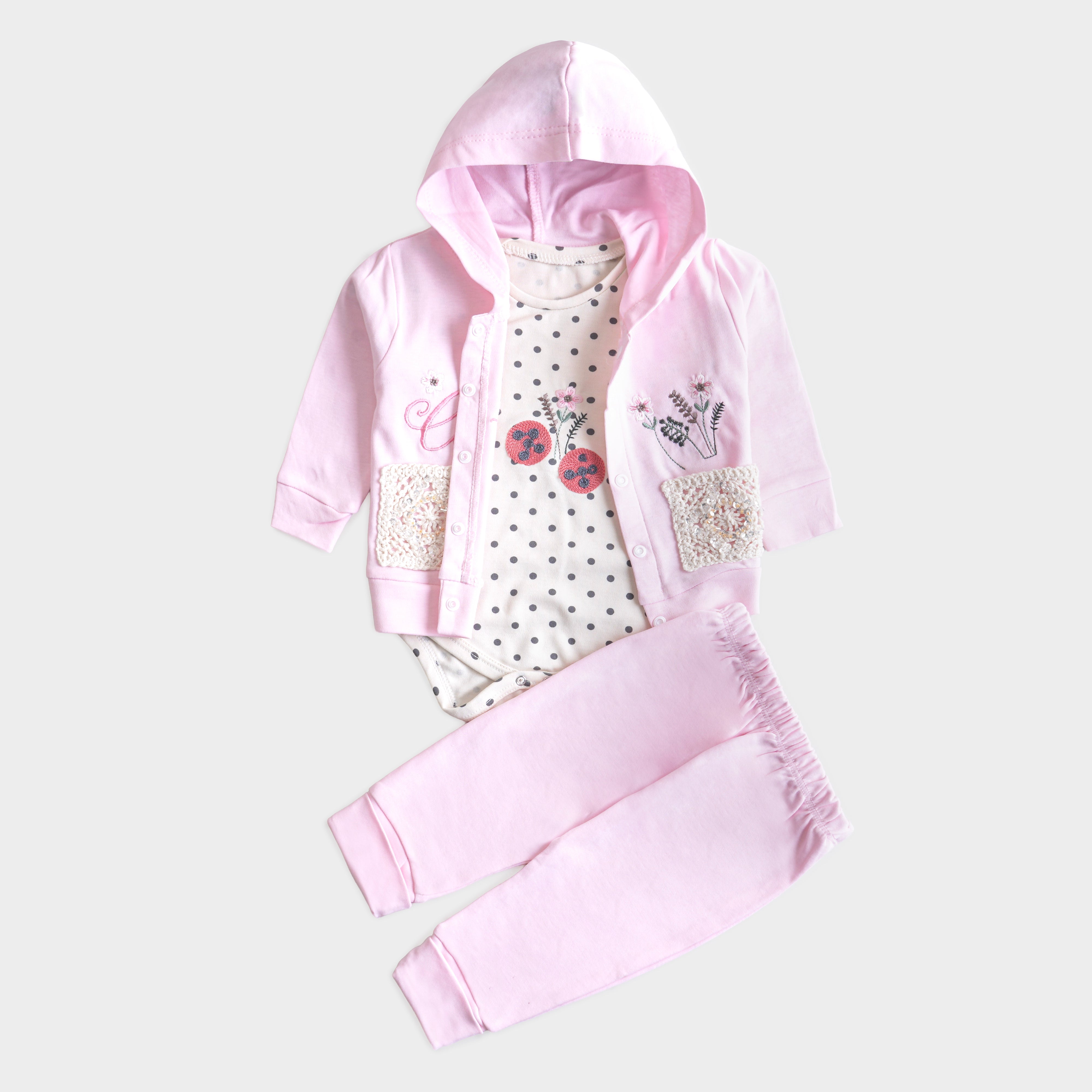 Infant Girls 3 Pcs Suit – Soft Green, Peach & Pink Baby Set (3-6 Months)