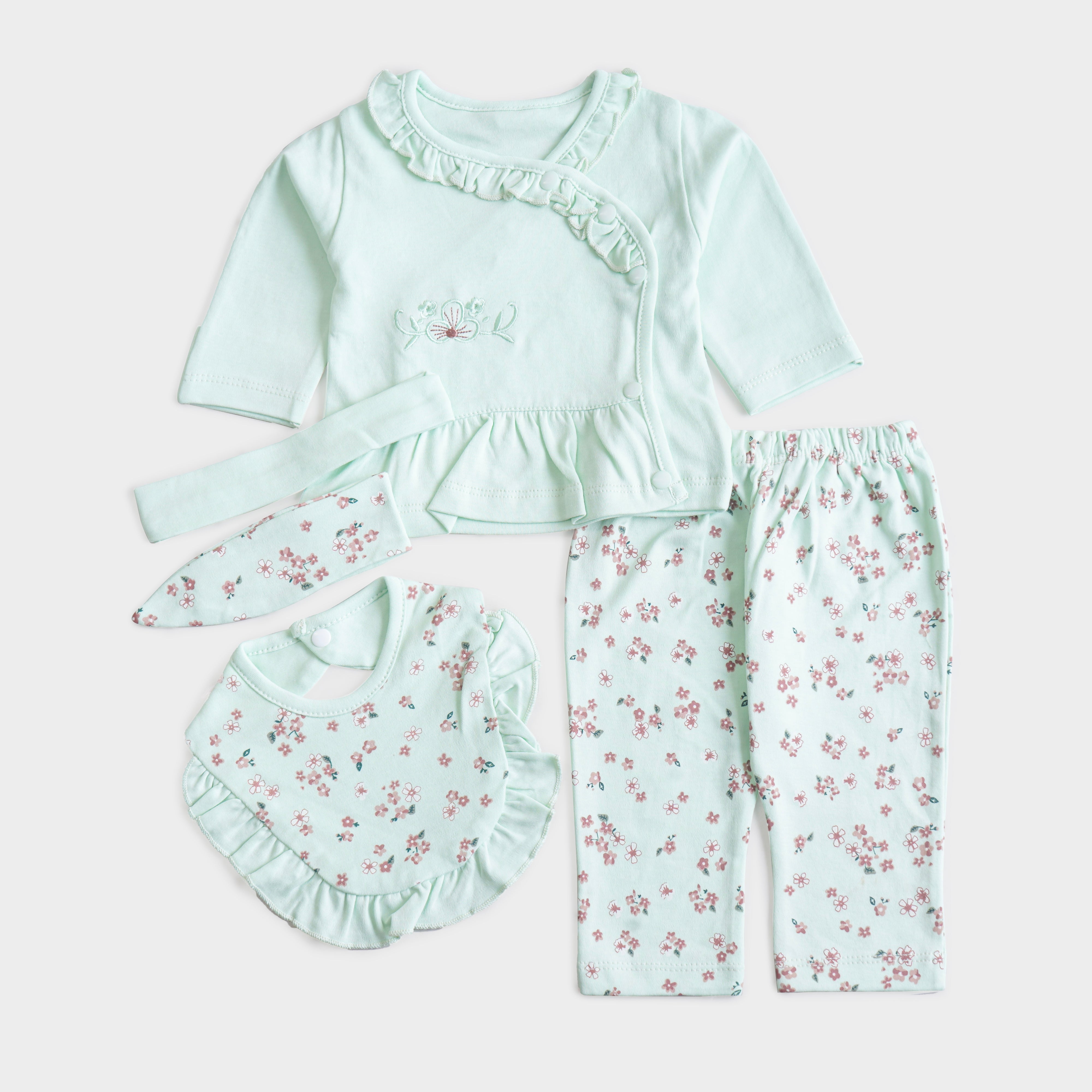 Infant Girls 3 Pcs Suit – Peach, Green & Yellow Winter Outfit Set (3-6 Months)