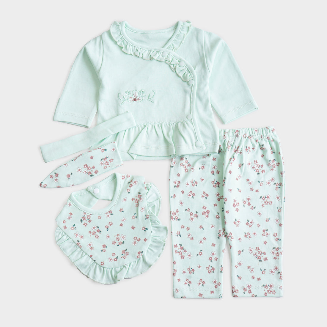 Infant Girls 3 Pcs Suit – Peach, Green & Yellow Winter Outfit Set (3-6 Months)