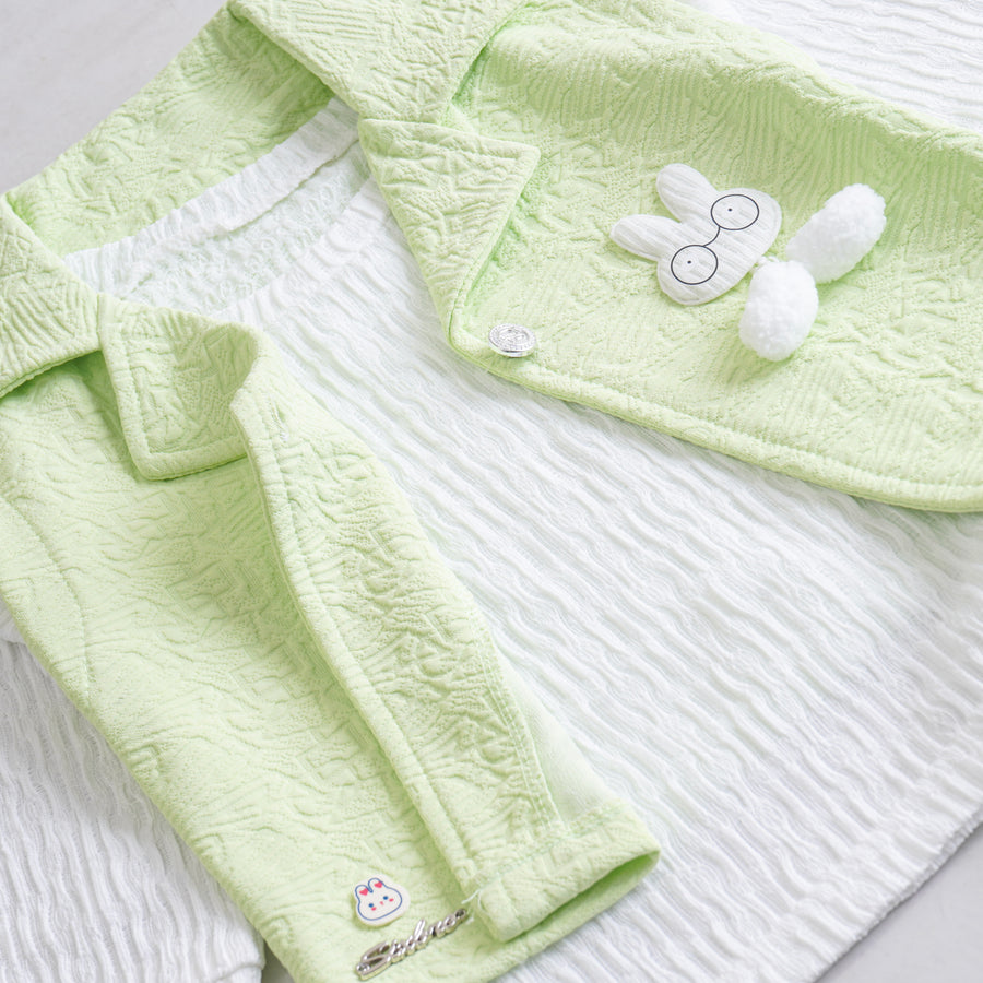 Girls 3 Pcs Suit – Light Green, Peach & Cream Winter Outfit Set (4 to 9 Years)