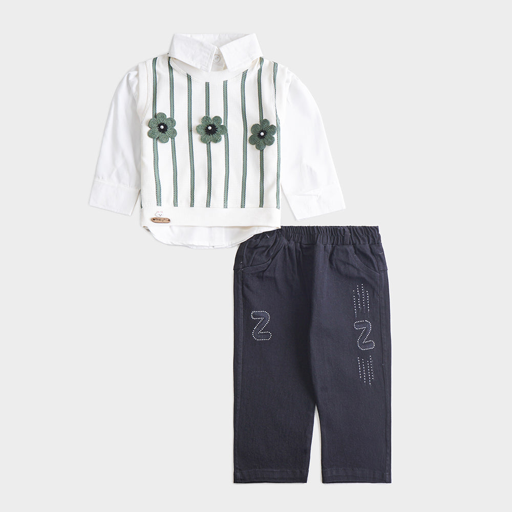 Girls 2 Pcs Suit – Blue, Copper & Green Winter Outfit Set (4 to 9 Years)