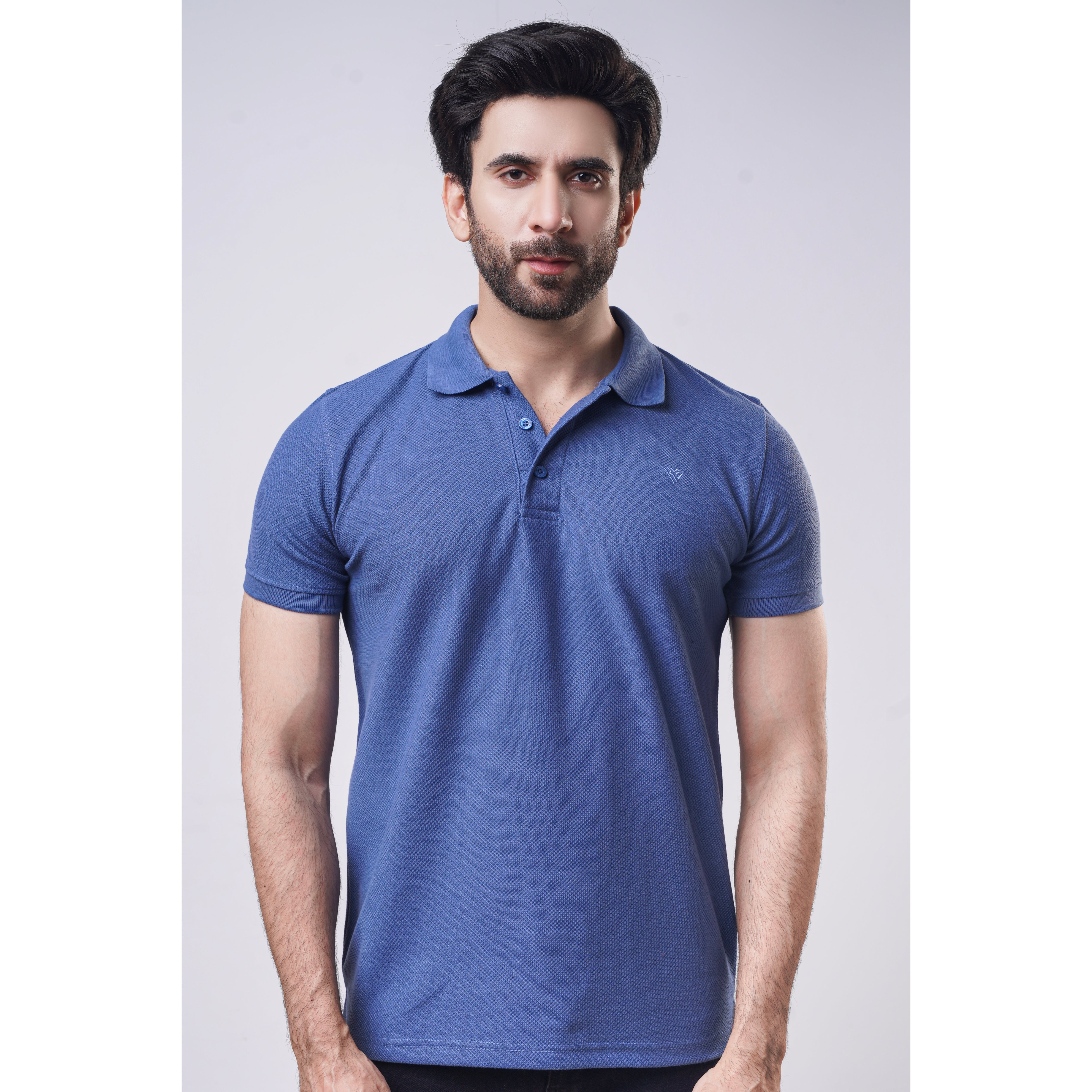 A man wearing a blue half sleeve polo shirt with a classic collar.