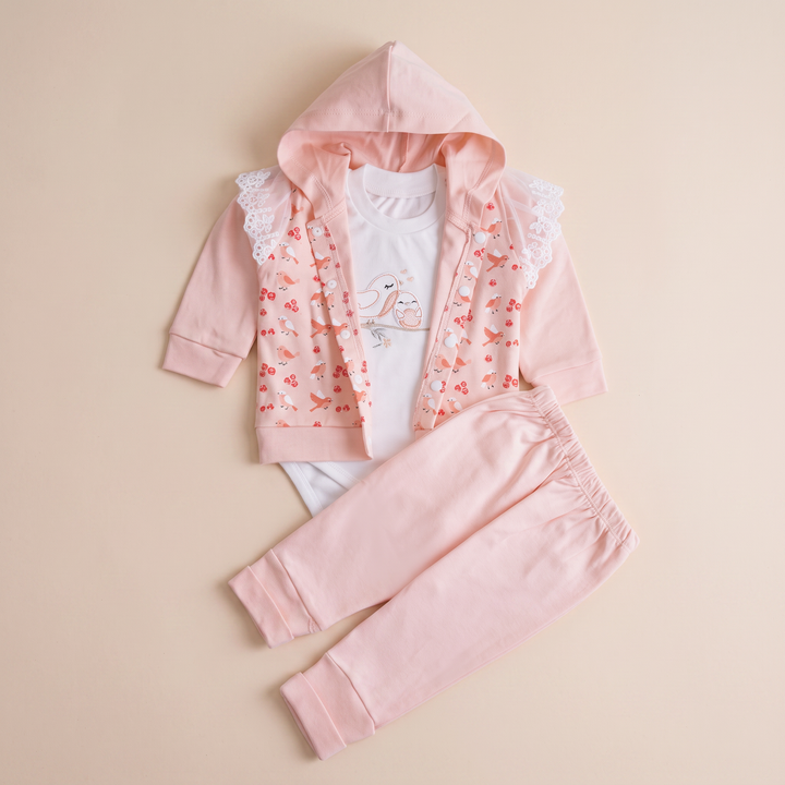 Infant Girls 3 Pcs Suit – Peach, Green & Pink Baby Winter Set (3-6 Months)
