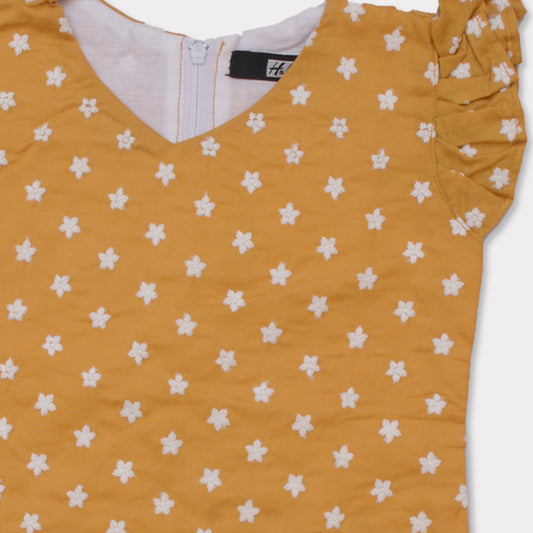 Girls Half Sleeve Embroidered Kurti Mustard