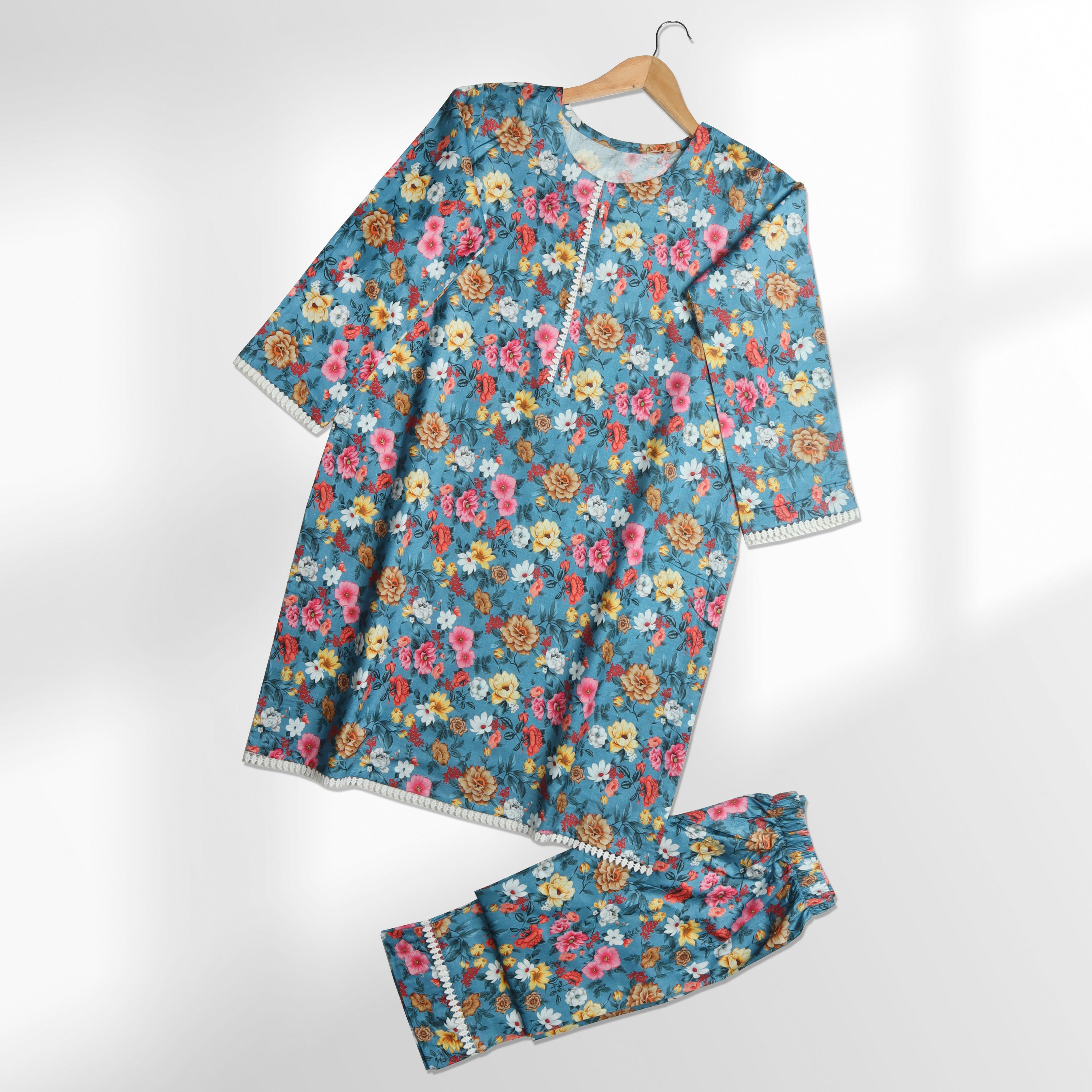Women's 2Pcs Printed Suit Color Steel-Blue
