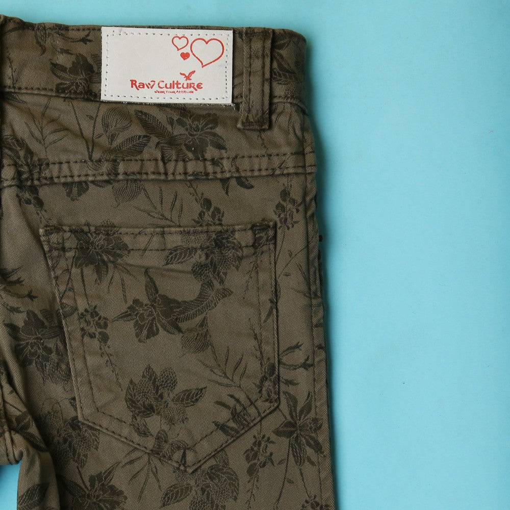 Girls Cotton Printed Pant - Olive