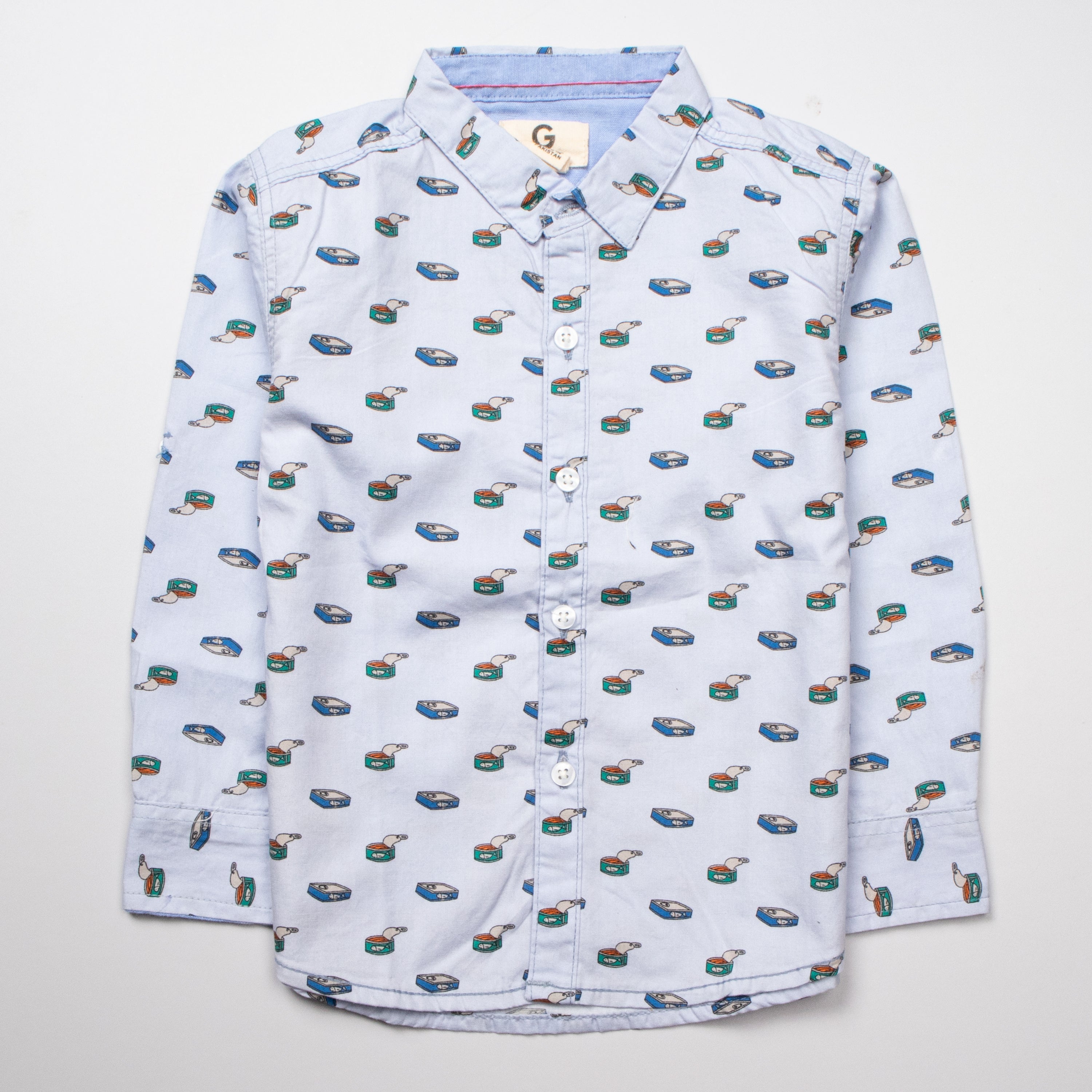 Infant Boys Full Sleeve Cotton Shirt - White & Blue - Front View