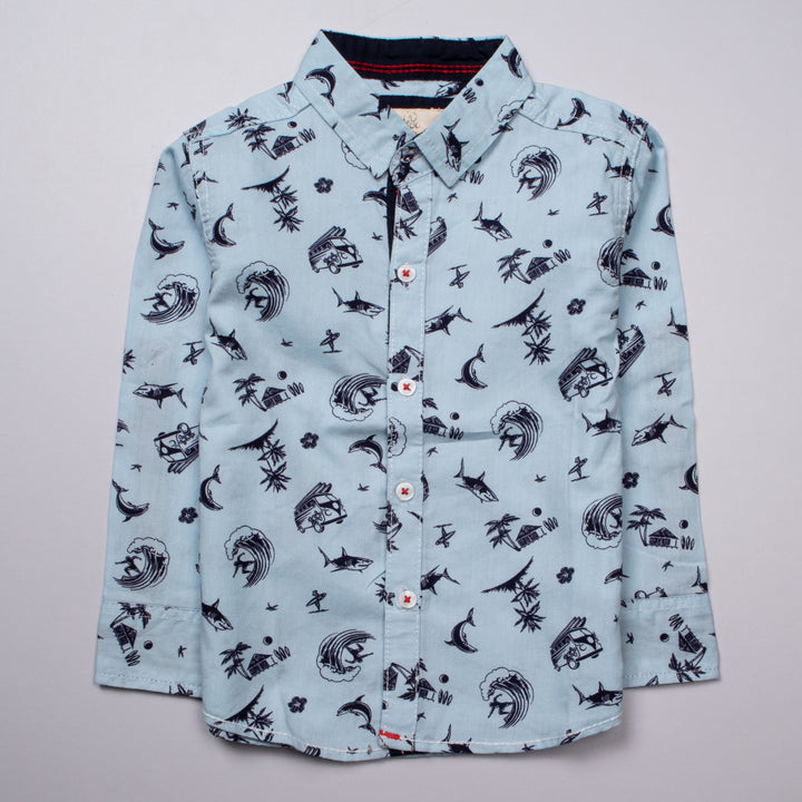 Infant Boys Full Sleeve Cotton Shirt - Blue - Front View