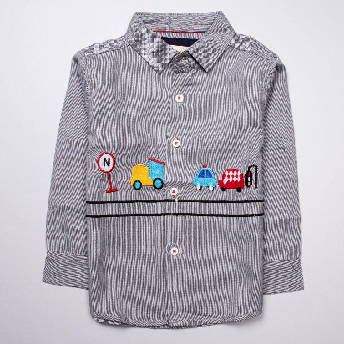 Infant Boys Full Sleeve Cotton Shirt - Grey & Blue - Front View