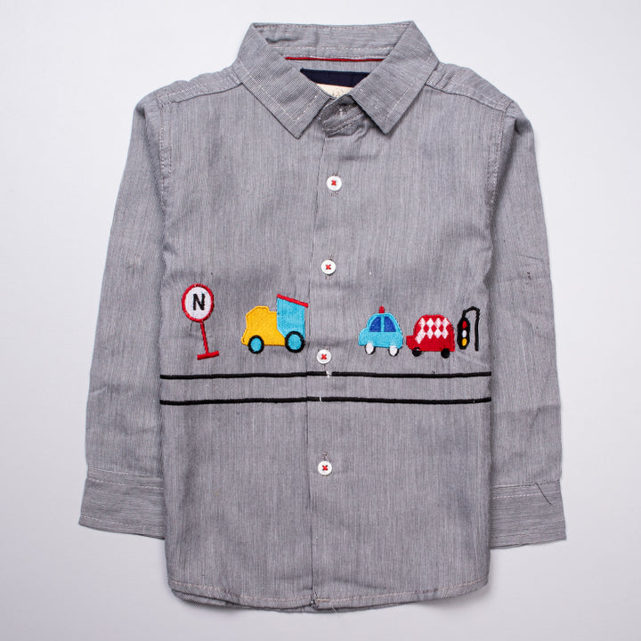 Infant Boys Full Sleeve Cotton Shirt - Grey & Blue - Front View