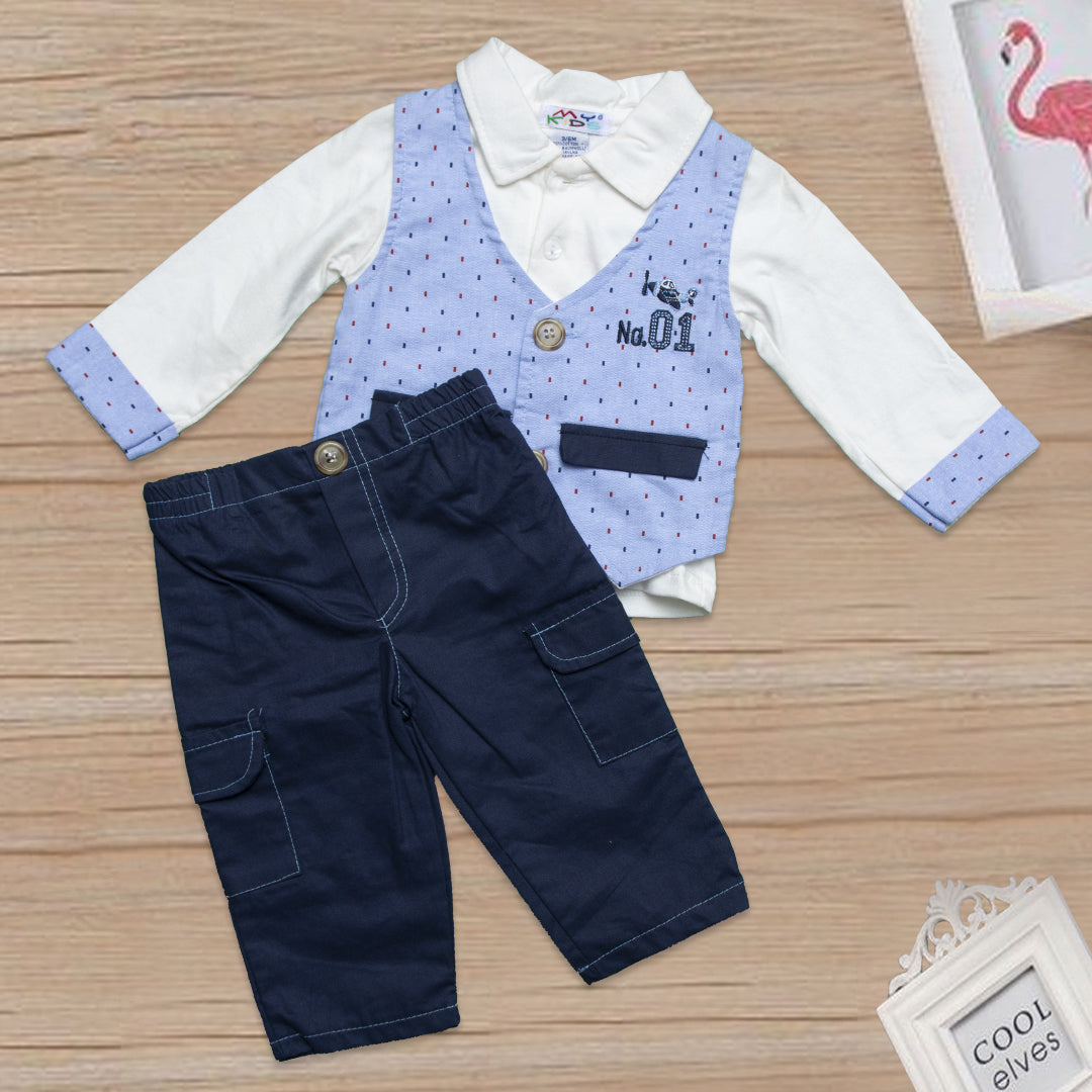 Newborn Baba 3PCs Full Sleeves Suit Color Blue-White