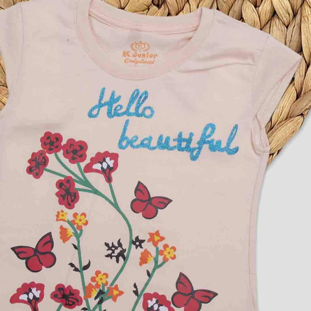 Girls Half Sleeves-Printed T-Shirt Color Beige Code-F