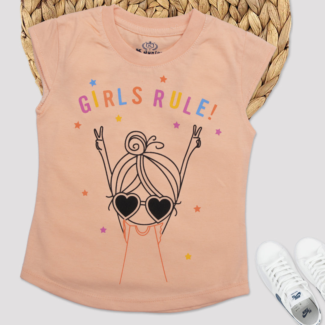 Girls Half Sleeves-Printed T-Shirt Color Peach