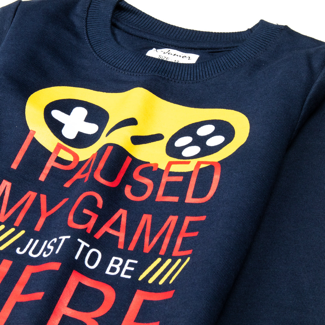 Boys Printed Full Sleeve Sweat T-Shirt (I-Paused-My-Game)